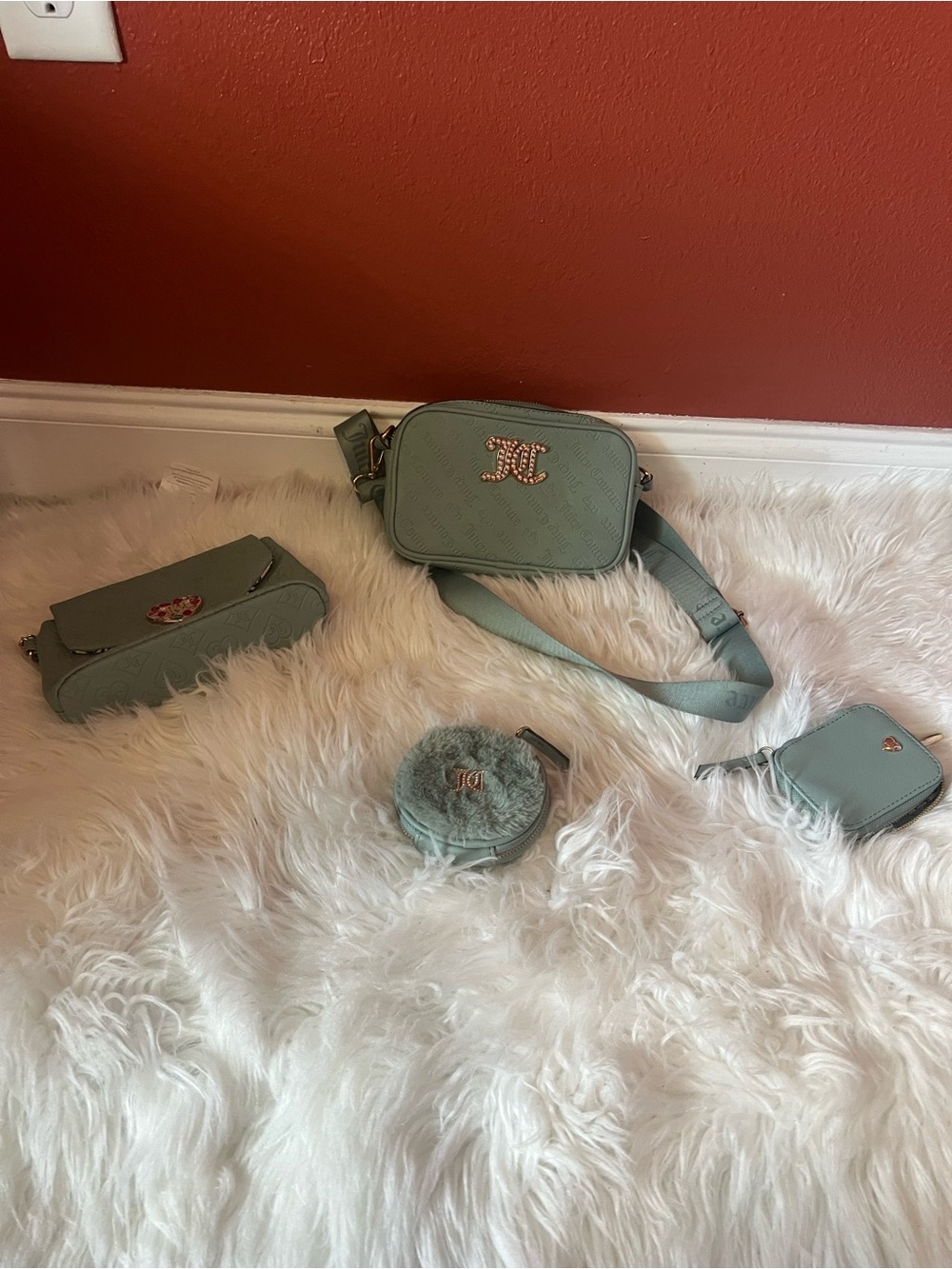 Juicy Couture Mint Green Leather Crossbody Set with Logo Hardware